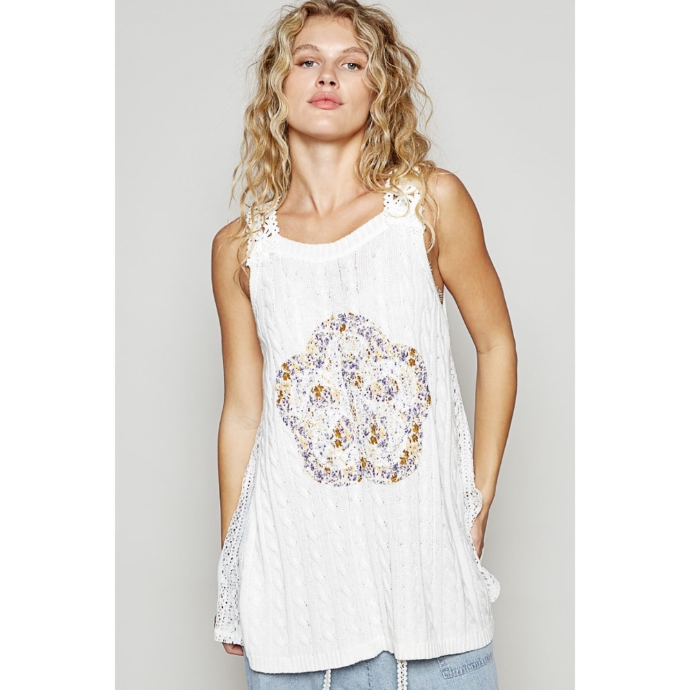 POL White Patchwork Sleeveless Lightweight Sweater Tunic | Crochet Lace Floral - Picture 5 of 5